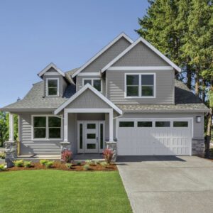 grey home with a white long plain clopay bridgeport, traditional style residential steel garage door