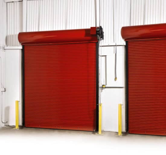 large red commercial rolling fire garage door