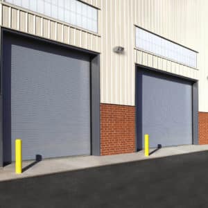 exterior view of two commercial rolling doors