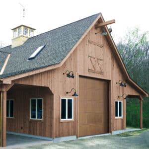 brown barn building with a brown commercial garage door on the side