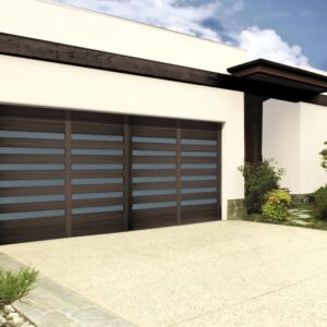 large residential home with a custom wood garage door in san antonio