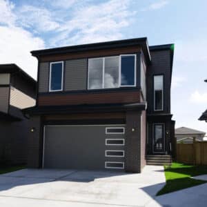 residential modern home with modern style, flush contemporary panel garage door with long horizontal windows on each panel on the left side