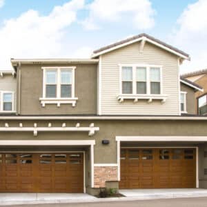 home with two horizontal raised panel cherry wayne-dalton 9800, faux wood grain style, fiberglass residential garage doors