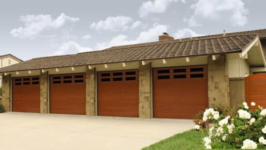 home with four cherry colored wayne-dalton 9800, faux wood grain style, fiberglass residential garage doors