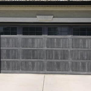 closeup of a sonoma gray wayne-dalton 9800, faux wood grain style, fiberglass residential garage door