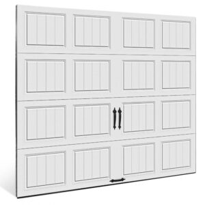 white clopay gallery, faux wood grain style, residential garage doors with black accent handle