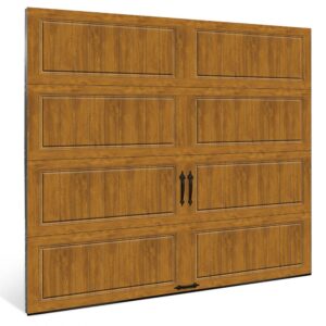 light brown clopay gallery, faux wood grain style, residential garage door with black accent handle